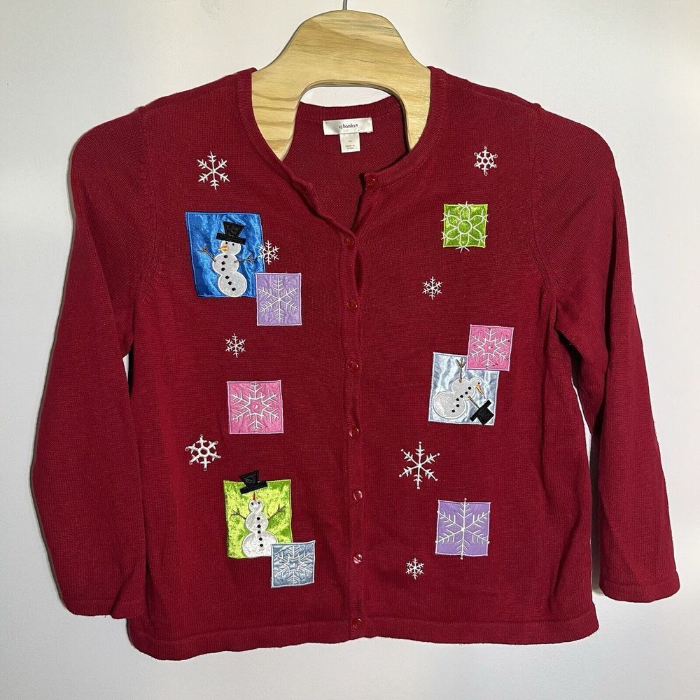 CJ Banks Women's 1X Red Knit Christmas Snowman Cardigan Sweater Plus